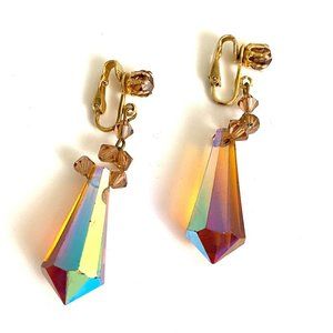 Vintage Topaz Crystal Art Deco Dangle Clip on Earrings